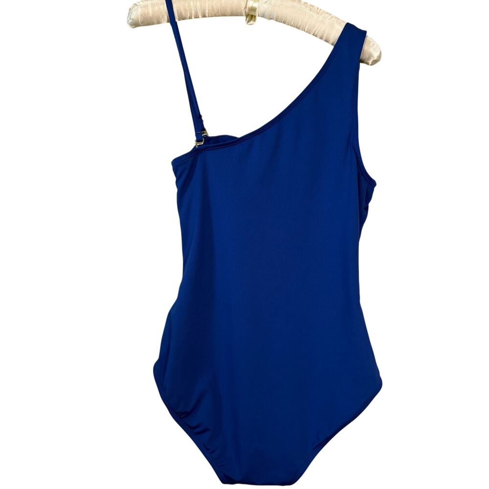 Michael Kors One Shoulder One Piece Swimsuit Royal Blue Logo Ruched Sz 14 - Picture 3 of 15